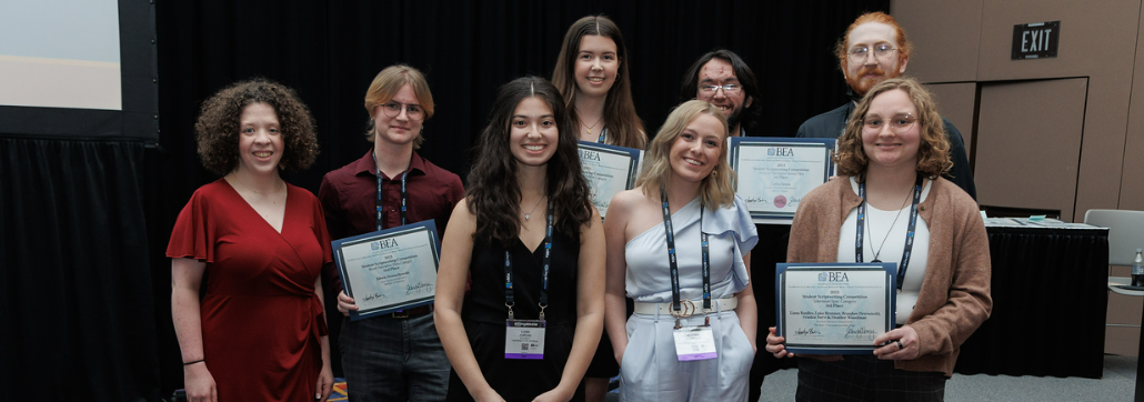 Group photo of the screenplay award winners at the Broadcast Education Association Conference